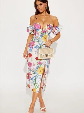 Fashion Nova White Floral Off-Shoulder Midi Dress